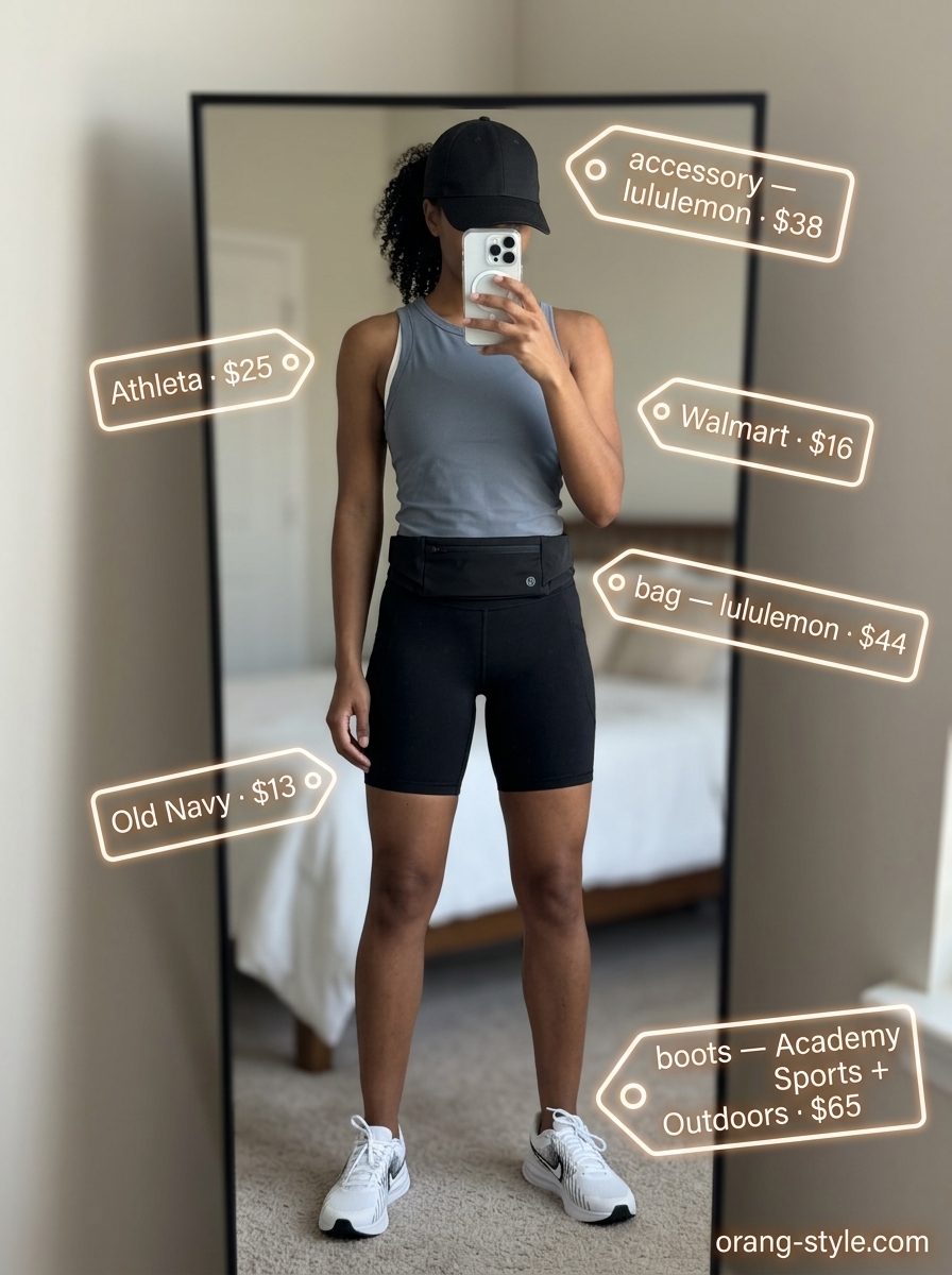 Practical active outfit with black biker shorts, mesh tank, and running belt for women 2026.