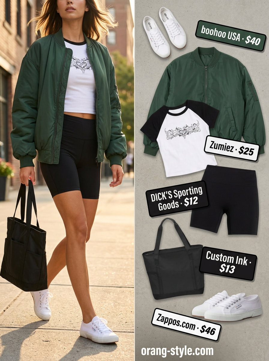 Trend-forward athleisure outfit with black biker shorts, graphic tee, and bomber jacket for women 2026.