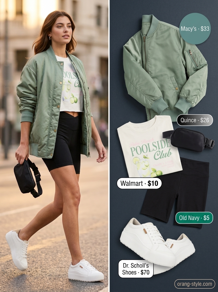 Black biker shorts outfits summer for women 2026: Olive bomber, white graphic tee, black biker shorts, belt bag.