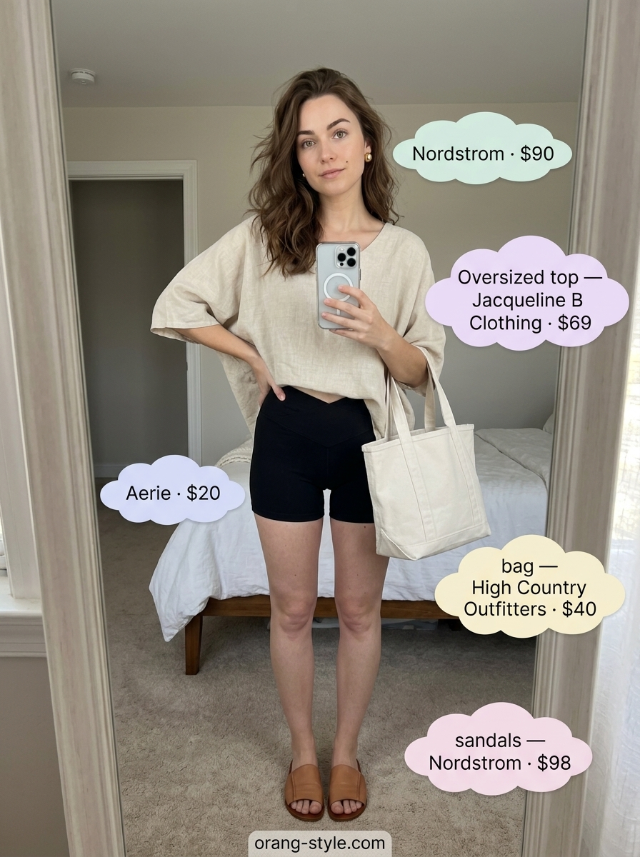 Black biker shorts outfits summer for women 2026: Beige linen tee, black biker shorts, tan slides, tote bag.