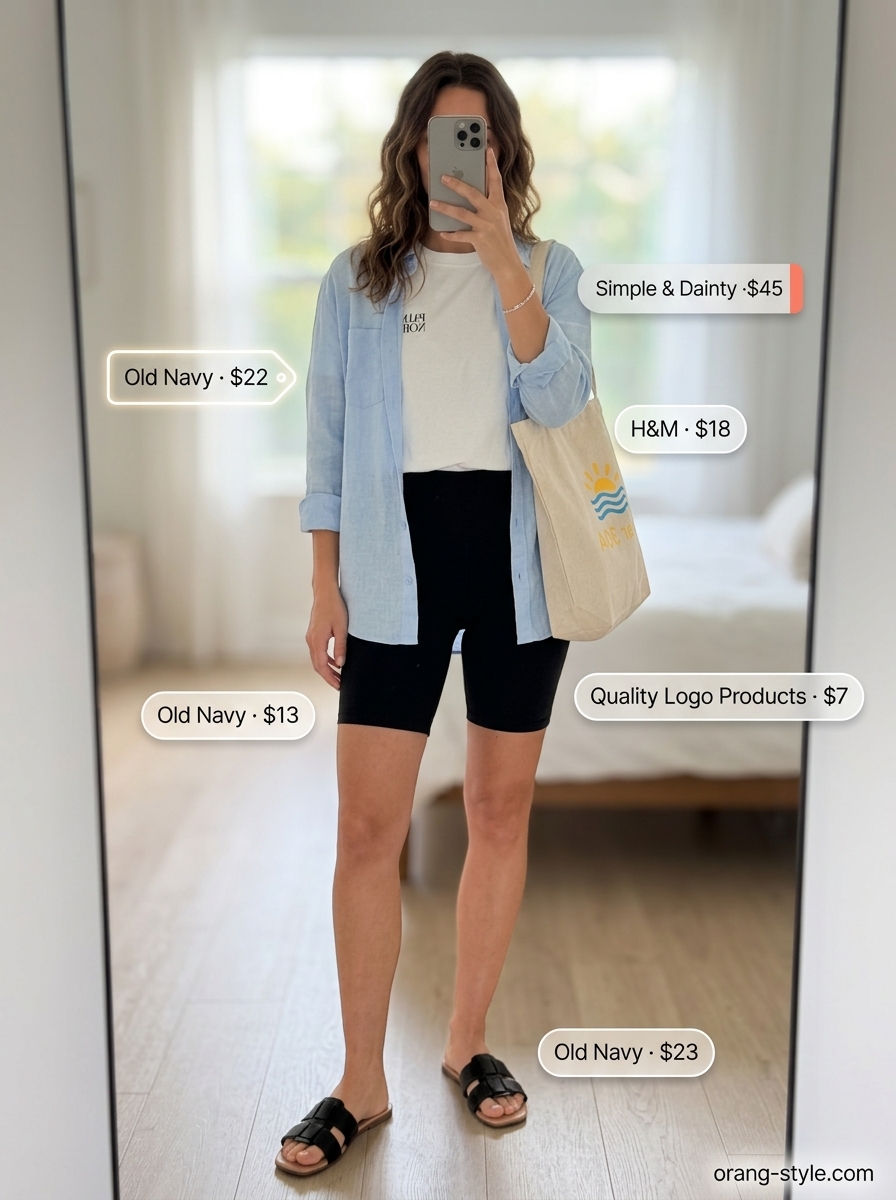 Black biker shorts outfits summer for women 2026: Linen shirt, graphic tee, black biker shorts, flat sandals.