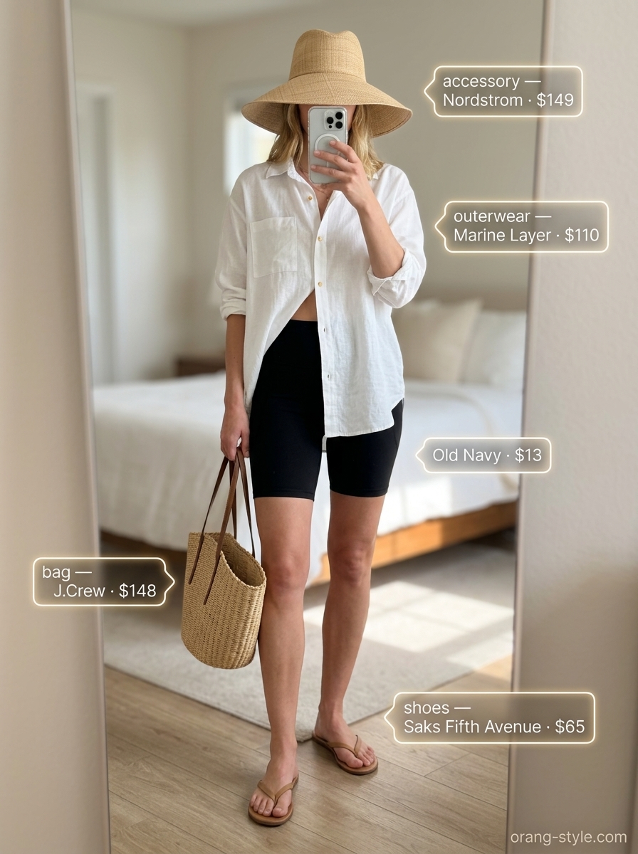 Relaxed vacation outfit with black biker shorts, linen shirt, and straw hat for women 2026.