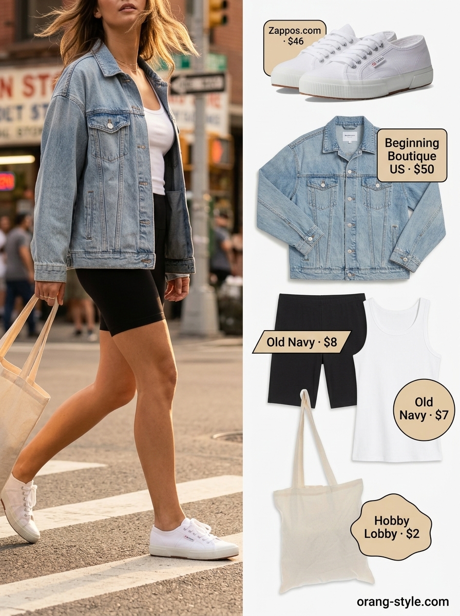 Black biker shorts outfits summer for women 2026: Denim jacket, white tank, black biker shorts, canvas sneakers.