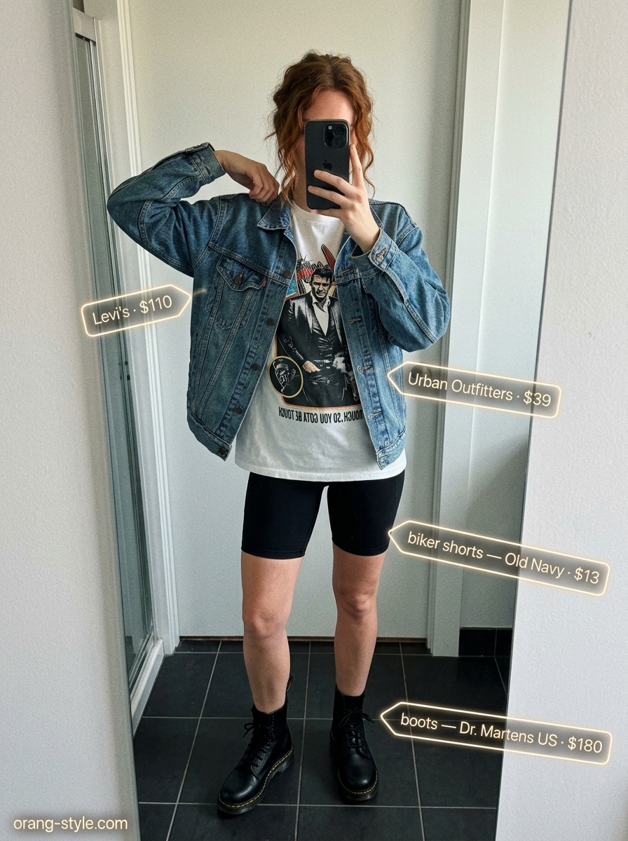 Edgy festival outfit with black biker shorts, graphic tee, oversized denim jacket, and combat boots for women 2026.