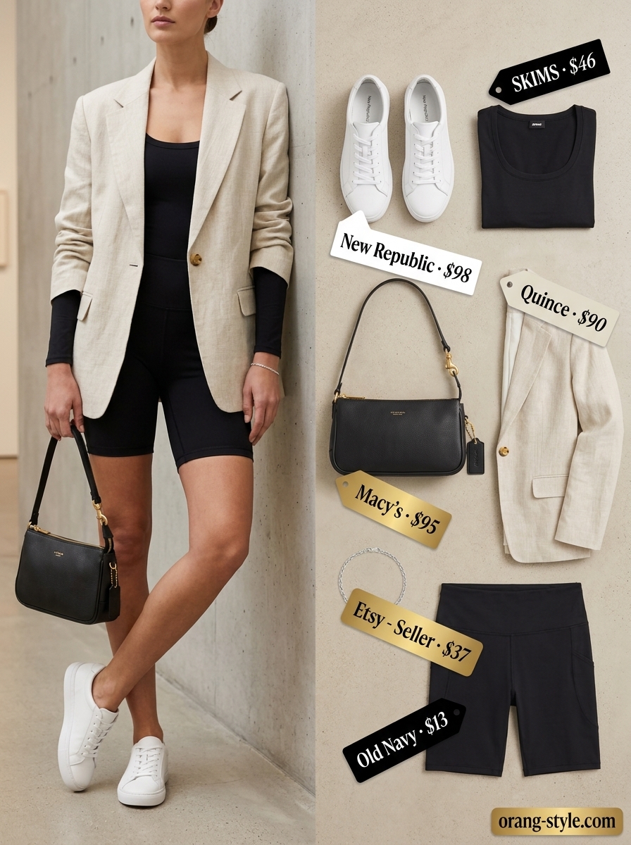 Chic minimalist outfit with black biker shorts, oversized blazer, and bodysuit for women 2026.