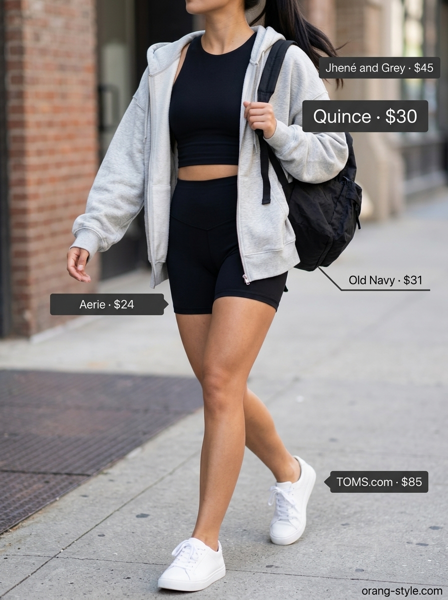 Black biker shorts outfits summer for women 2026: Matching athletic set with grey hoodie, black biker shorts, sneakers.