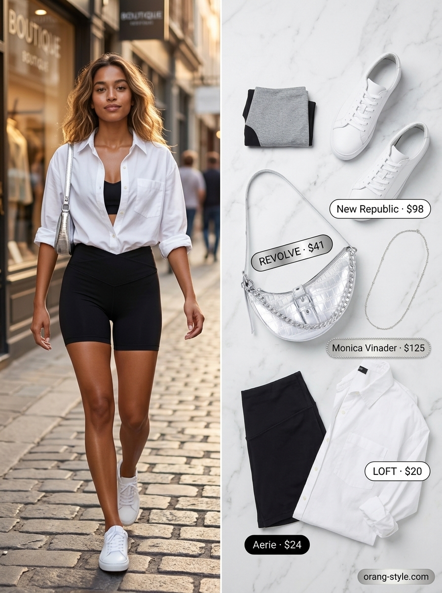 Black biker shorts outfits summer for women 2026: White oversized shirt, black biker shorts, white sneakers, silver bag.