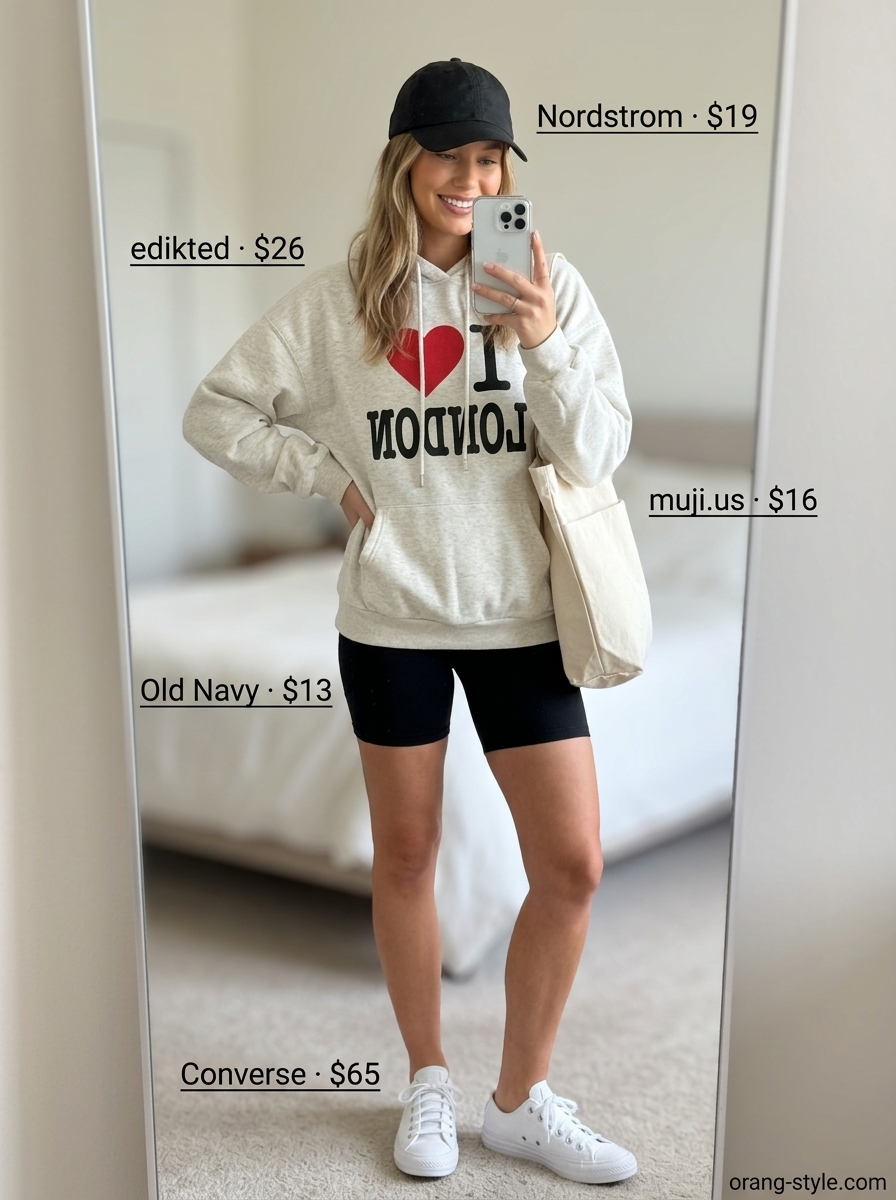 Black biker shorts outfits summer for women 2026: Grey graphic sweatshirt, black biker shorts, white sneakers, baseball cap.