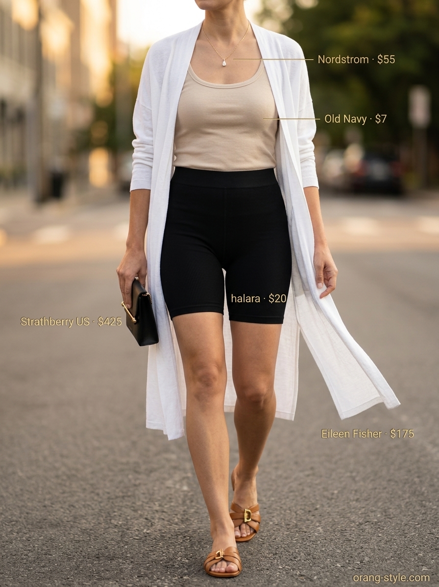 Black biker shorts outfits summer for women 2026: Athleisure Luxe with cream cardigan, tank, and gold necklace.