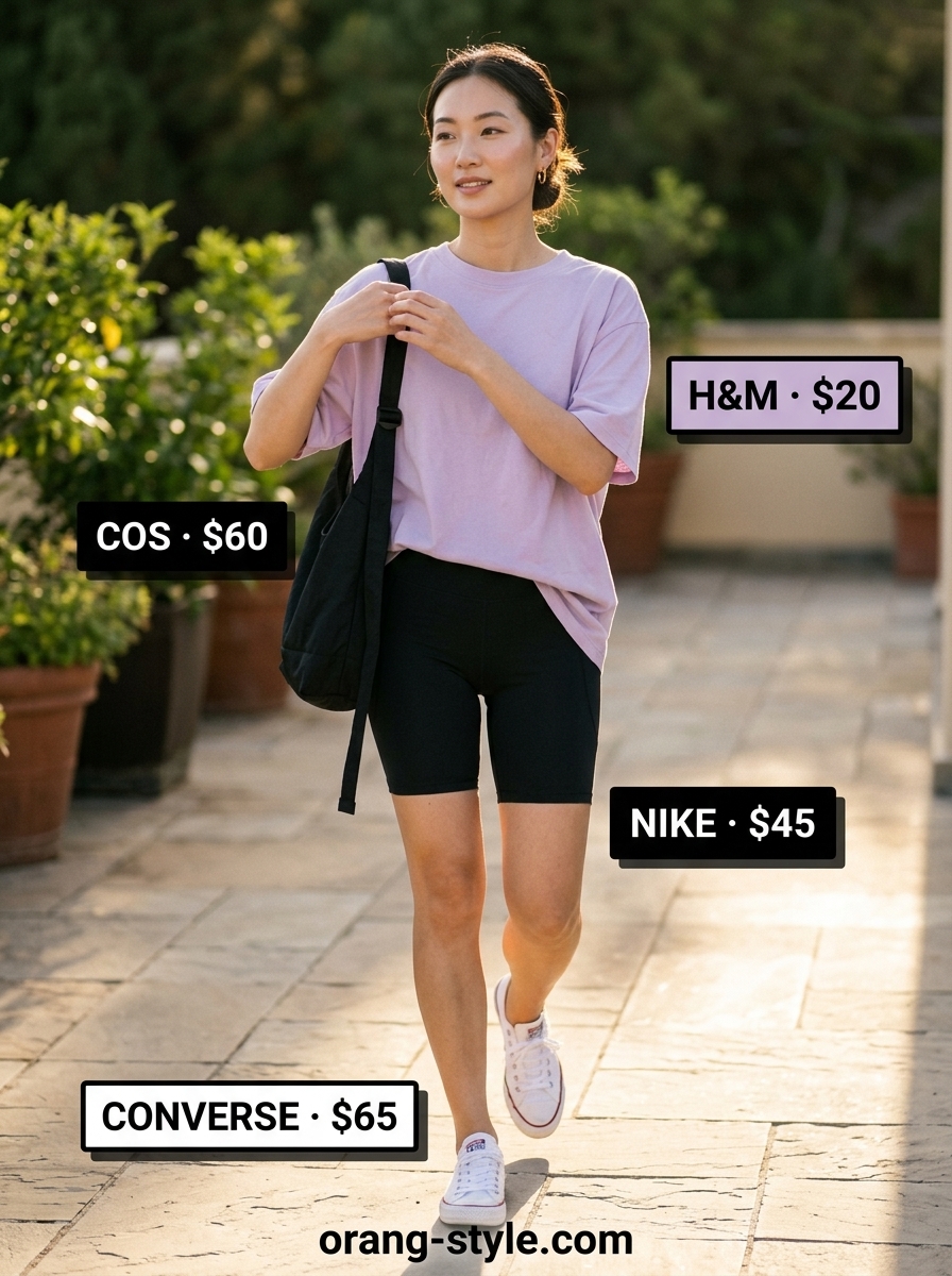 Black biker shorts outfits summer for women 2026: Sunset Comfort with lilac graphic tee and white sneakers.