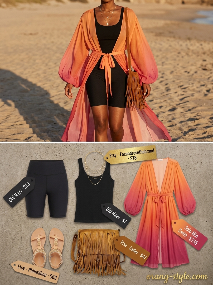 Black biker shorts outfits summer for women 2026: Sunset Glow with gradient kimono, tank, and embellished sandals.