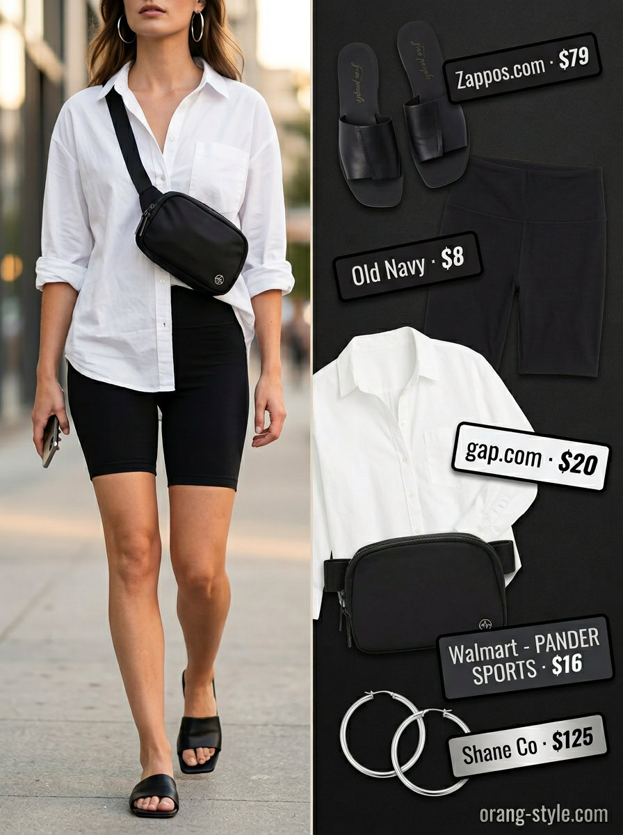 Black biker shorts outfits summer for women 2026: Urban Explorer Chic with oversized white shirt and slides.