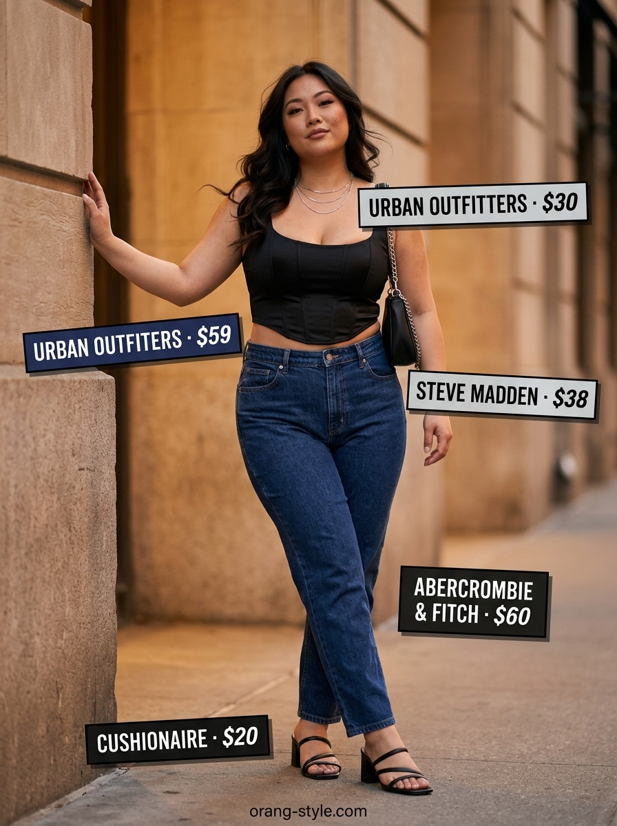 Bold curvy outfit summer 2026: Black corset top, dark denim jeans, silver necklaces, and block heels for date night.