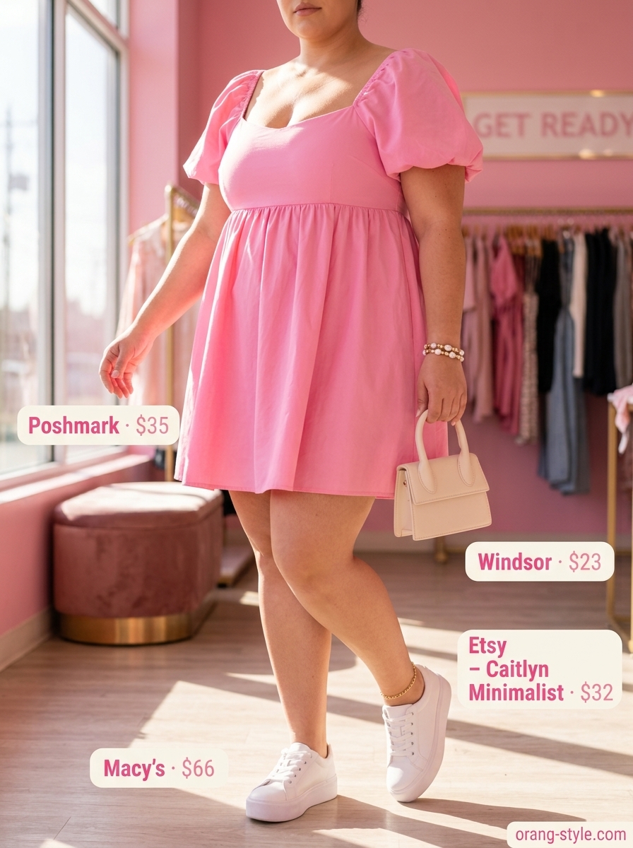 Bold curvy outfit summer for women 2026: Bubblegum pink babydoll dress for casual party fun.