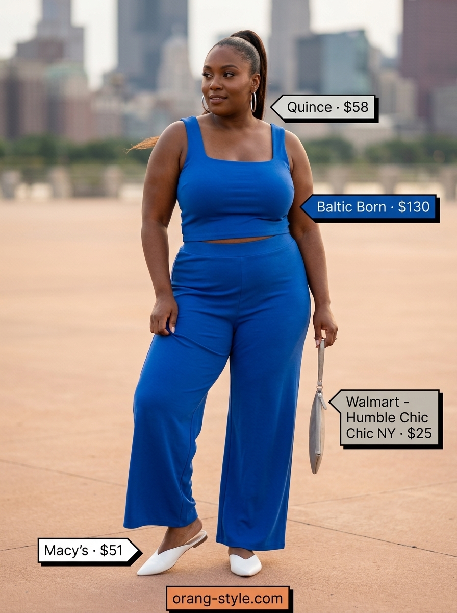 Bold curvy outfit summer 2026: Cobalt blue linen co-ord set with silver earrings for a striking evening look.