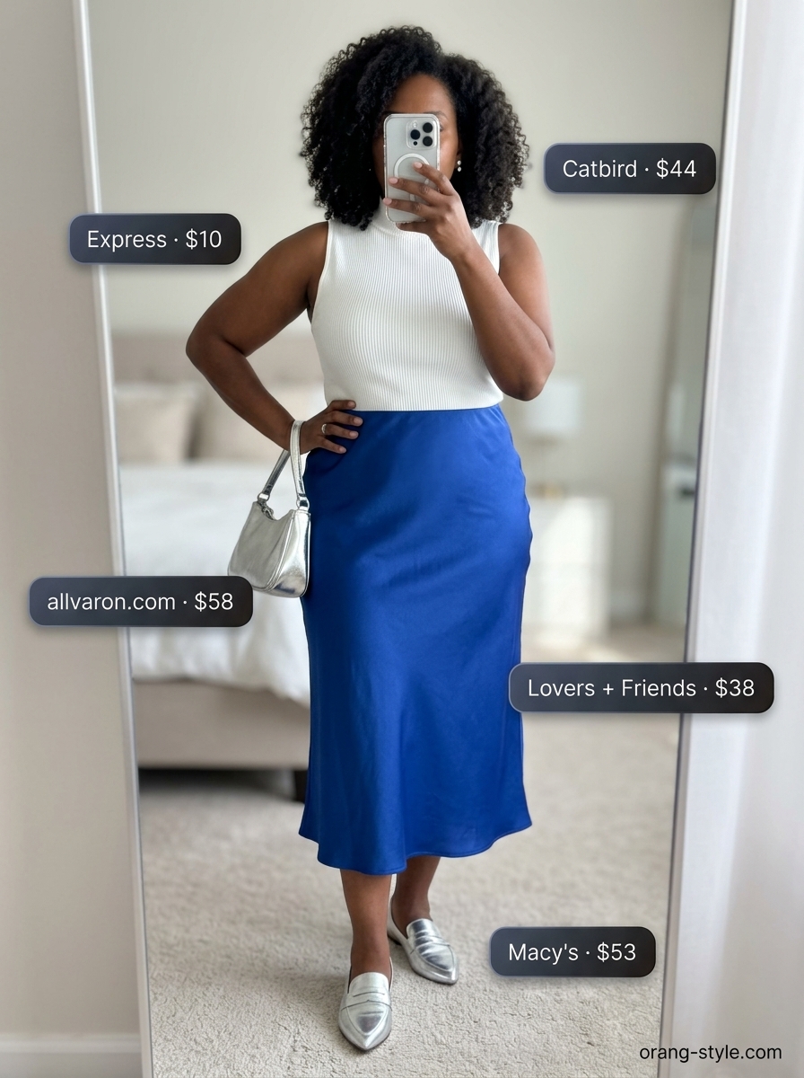 Bold curvy outfit summer for women 2026: Cobalt blue midi skirt, white mock neck top for chic brunch.