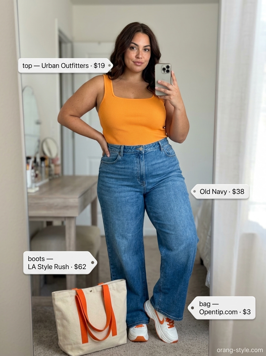 Bold curvy outfit summer 2026: Wide-leg jeans with bright orange tank for playful weekend style.