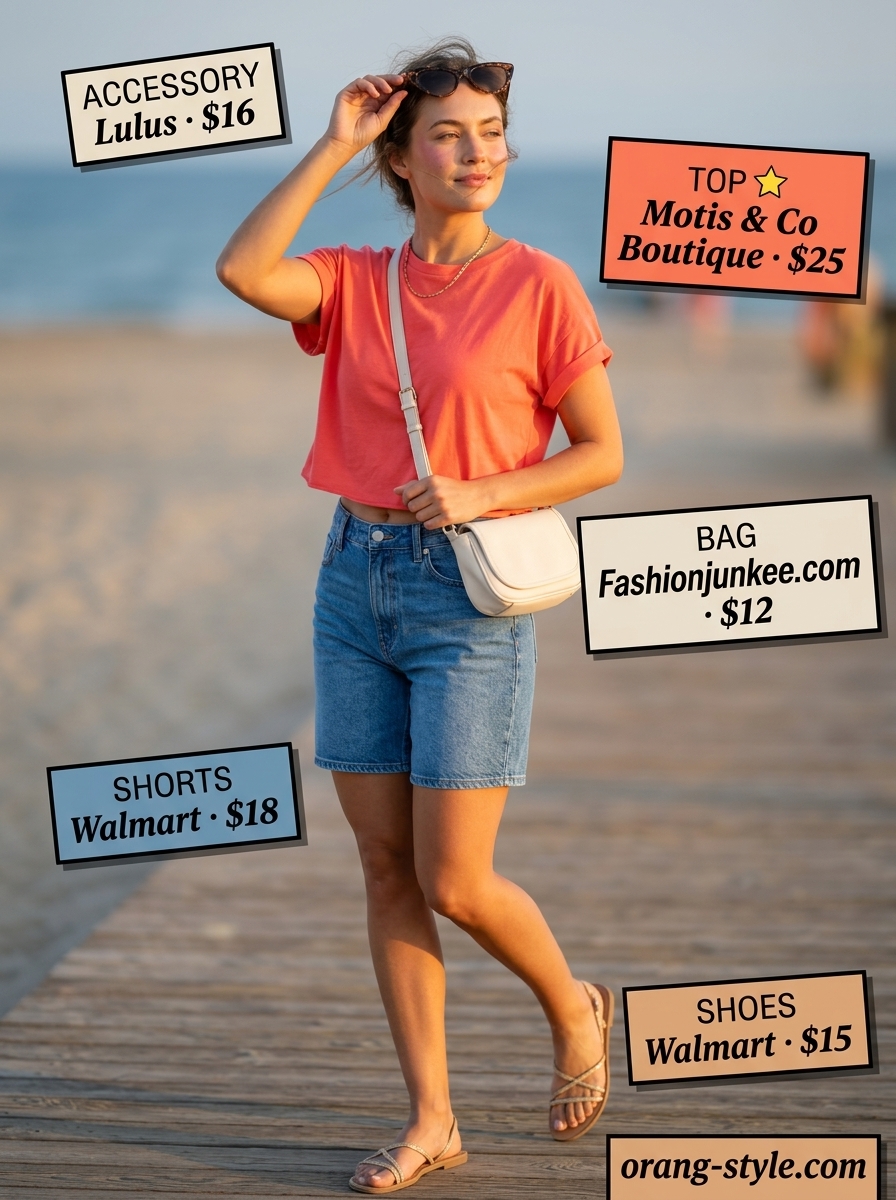 Bold curvy outfit summer 2026: Denim shorts with bright coral tee for a playful beach day look.