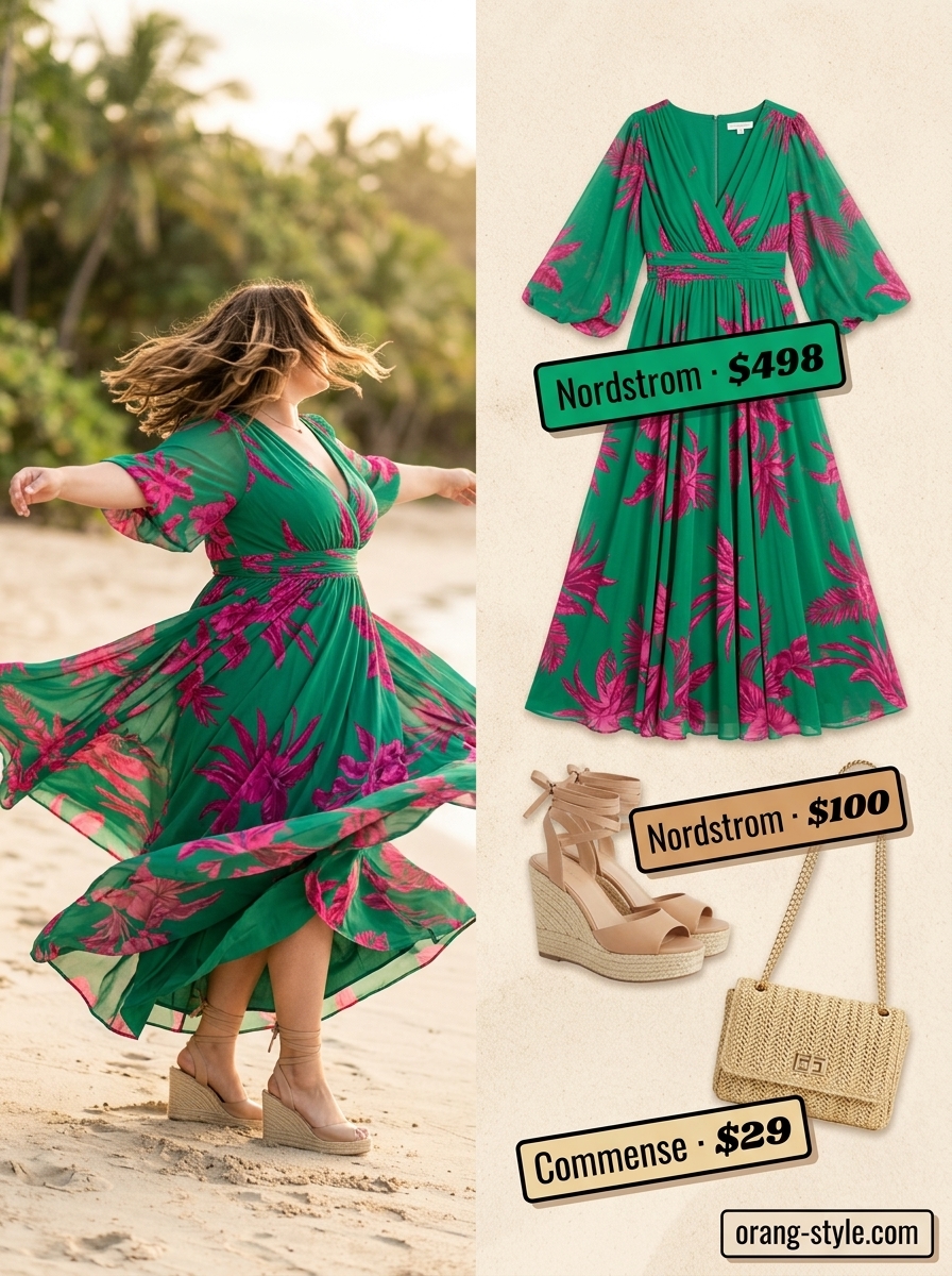 Bold curvy outfit summer for women 2026: Emerald green maxi dress for resort wear or summer party.