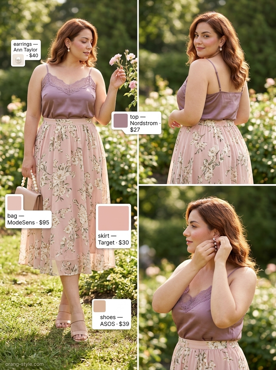 Bold curvy outfit summer 2026: Floral midi skirt, cream camisole, blush pink bag, and nude sandals for afternoon tea.