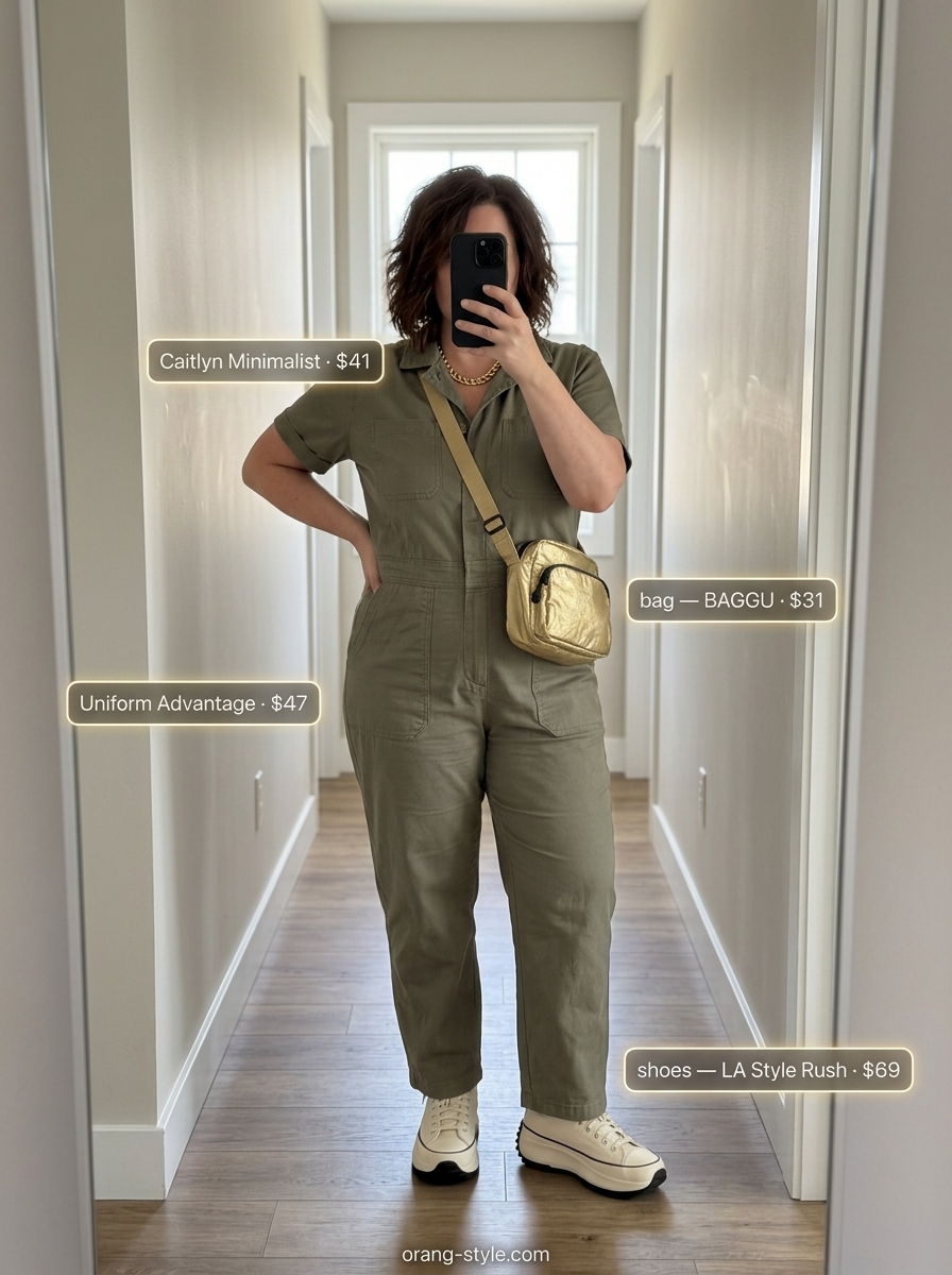 Bold curvy outfit summer for women 2026: Khaki utility jumpsuit for casual day out or travel.