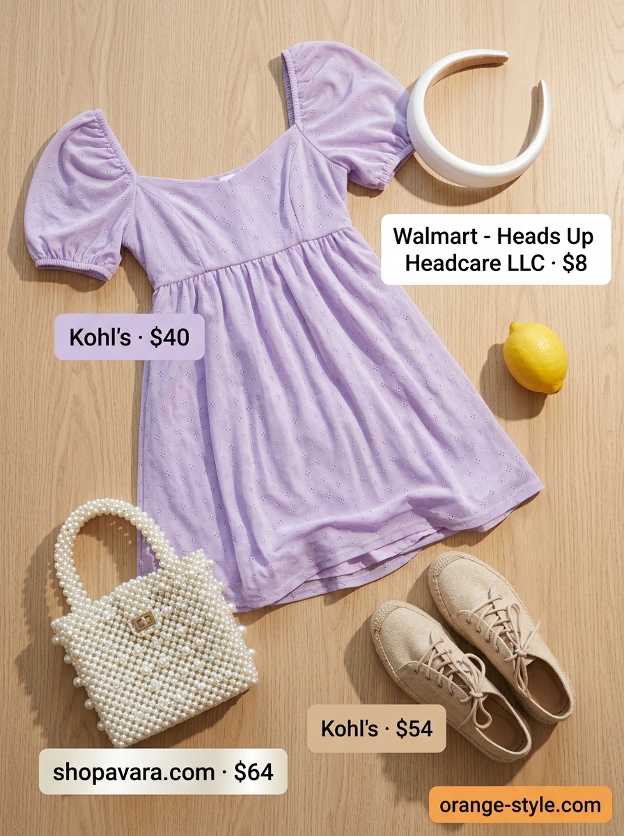 Bold curvy outfit summer 2026: Lavender eyelet mini dress, white headband, espadrilles, and straw bag for garden party.