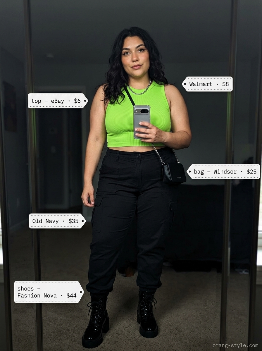 Bold curvy outfit summer for women 2026: Neon green crop top, cargo pants for edgy street style.