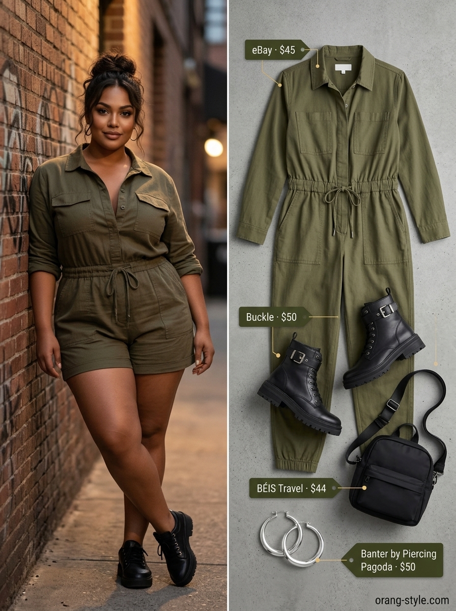 Bold curvy outfit summer 2026: Olive green utility jumpsuit, black sandals, belt bag, and silver hoops for urban exploration.