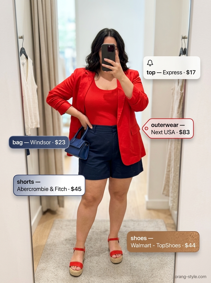 Bold curvy outfit summer 2026: Red blazer, white tank, navy shorts, espadrilles, and top-handle bag for resort lunch.