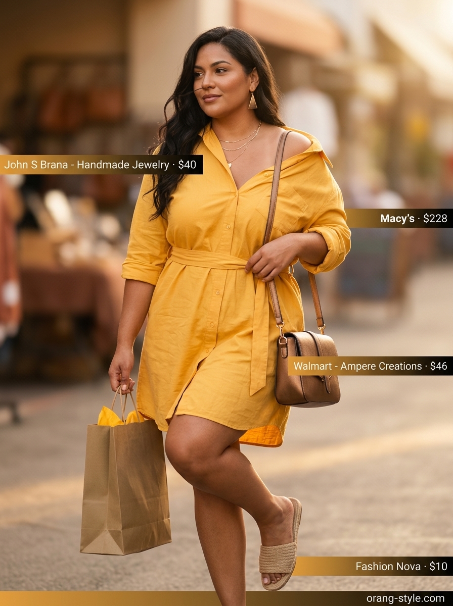 Bold curvy outfit summer 2026: Saffron yellow midi shirt dress with khaki crossbody for chic daytime style.