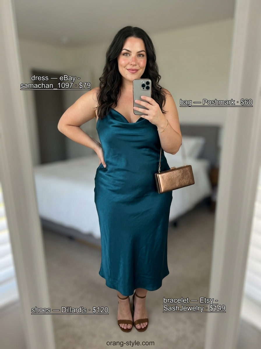 Bold curvy outfit summer 2026: Deep teal slip dress, bronze bag, black sandals, and gold bracelet for date night.