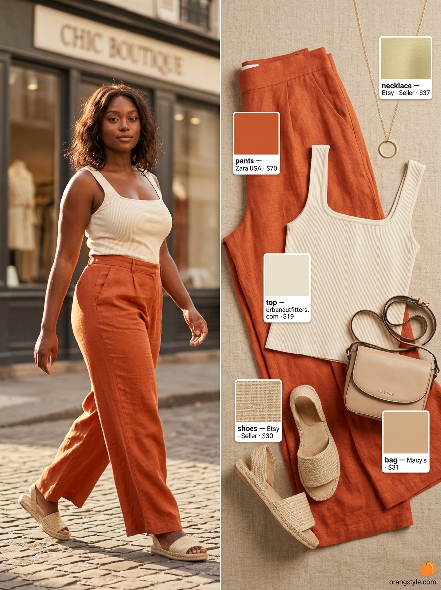 Bold curvy outfit summer 2026: Terracotta wide-leg pants with cream tank for earthy brunch style.