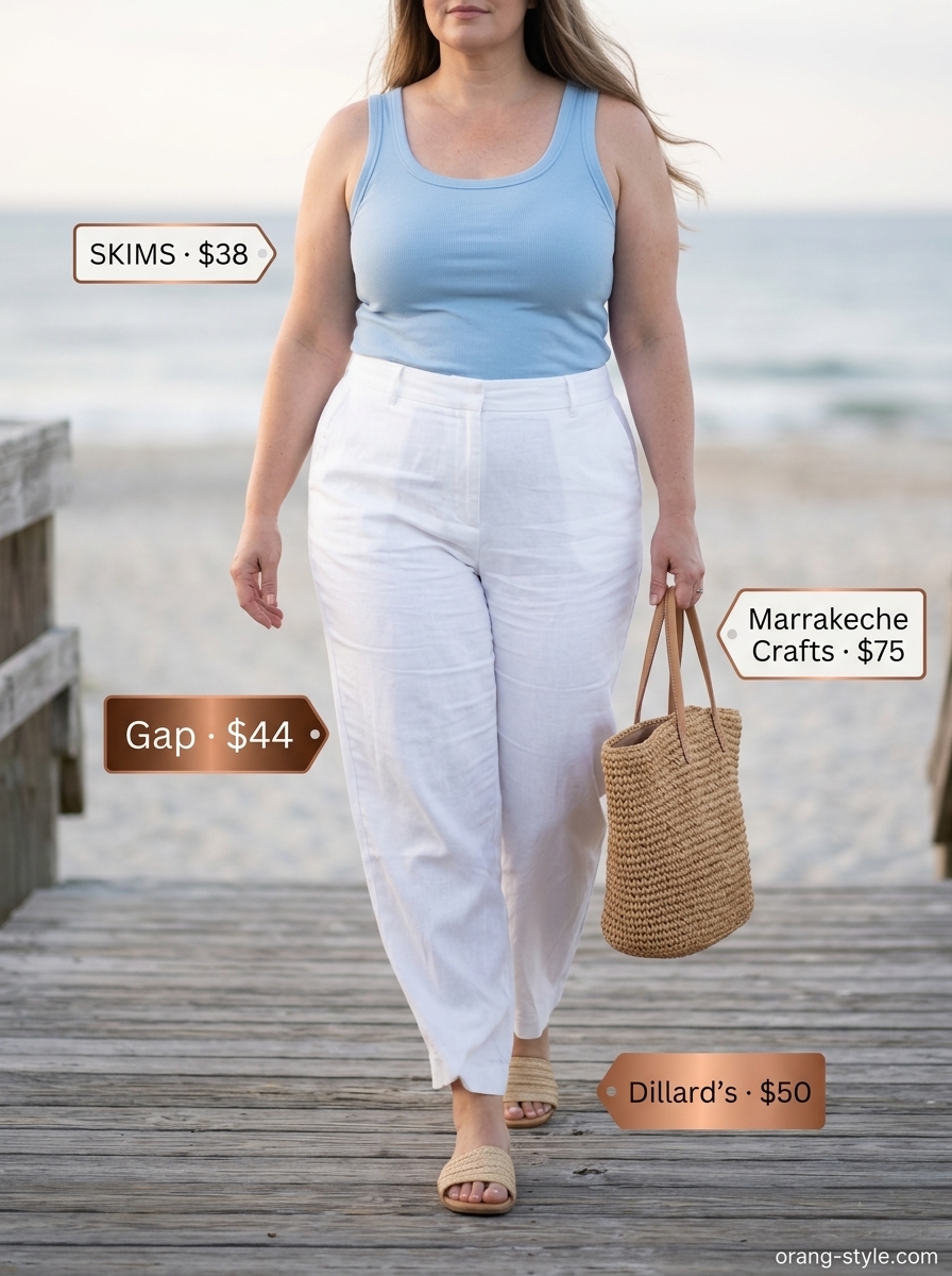 Bold curvy outfit summer for women 2026: White linen pants, sky blue tank for vacation style.