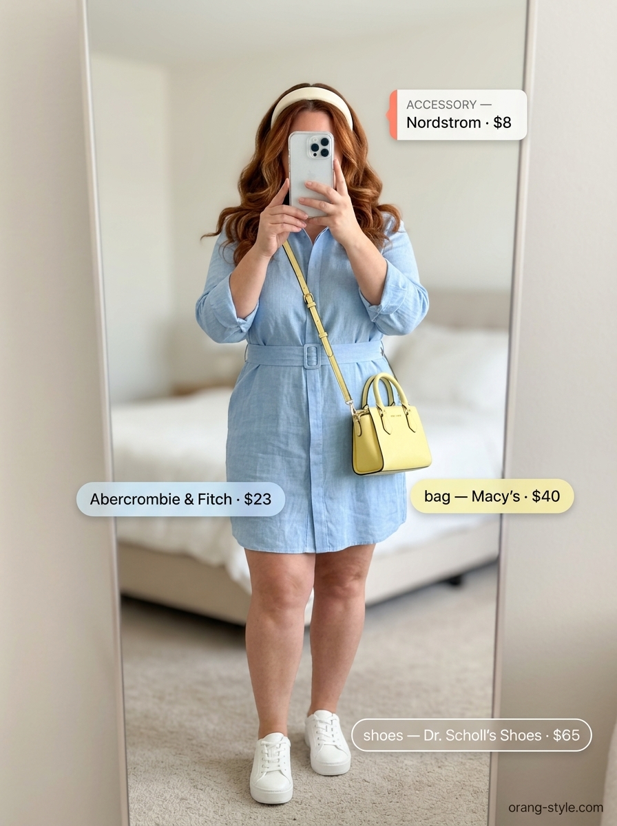 Bold curvy outfit summer 2026: Lemon yellow shirt dress, white sneakers, sky blue bag, and headband for garden party.