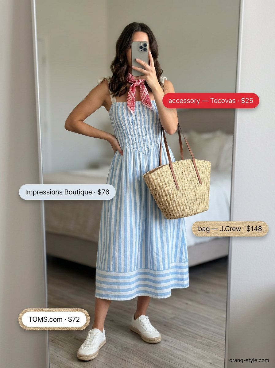 Sky blue and white stripe midi sundress outfit for a seaside brunch or boat trip. Casual summer sundresses 2026.