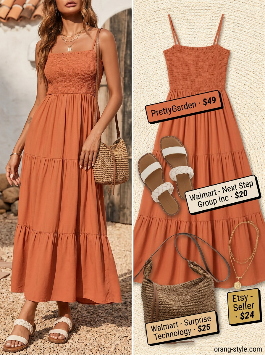 Bohemian Oasis outfit: Terracotta tiered maxi sundress, straw crossbody, layered necklaces. Casual summer sundresses 2026.