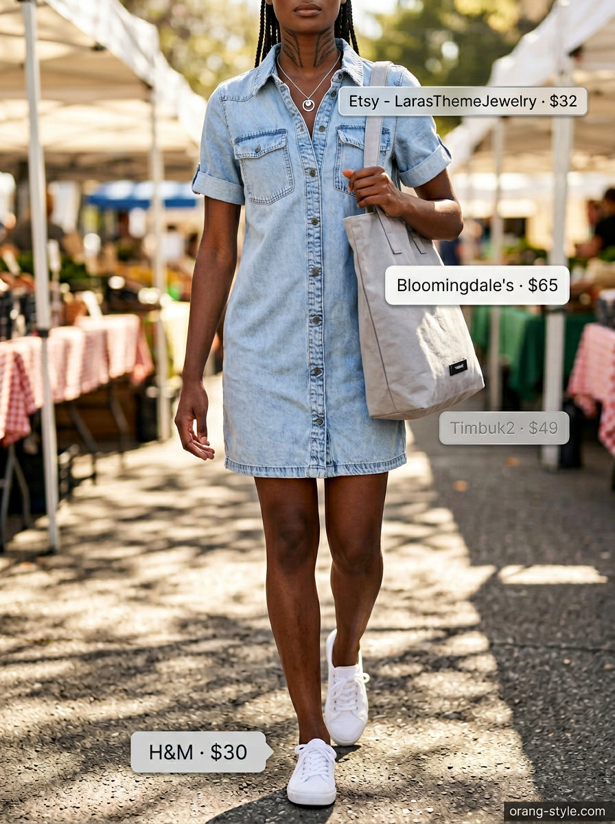 Weekend Denim Delight outfit: Light wash denim mini sundress, white sneakers, grey tote. Casual summer sundresses 2026.