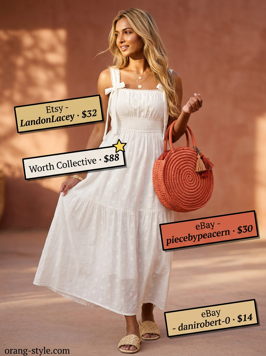 Ecru tiered maxi sundress outfit for beach brunch or farmers market. Casual summer sundresses 2026.