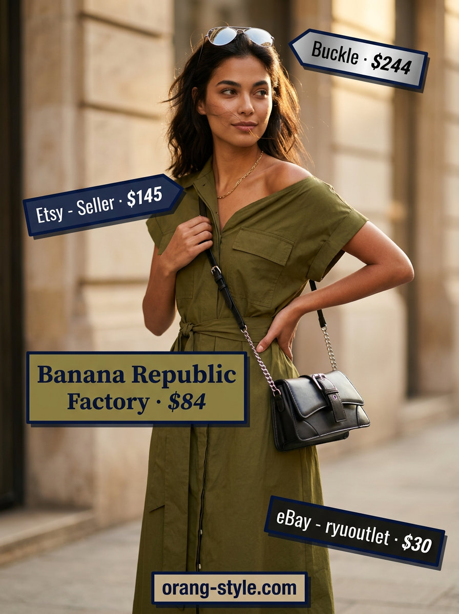 Khaki utility shirt sundress outfit for urban exploration or casual shopping. Casual summer sundresses 2026.