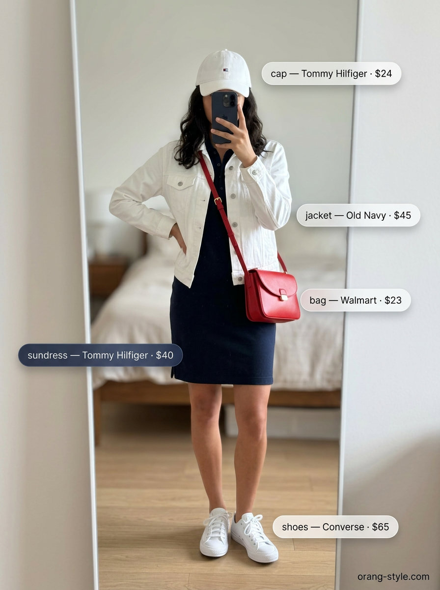 Lakeside Club Lunch: Navy pique polo mini dress, white denim jacket, red crossbody bag for casual summer sundresses 2026.