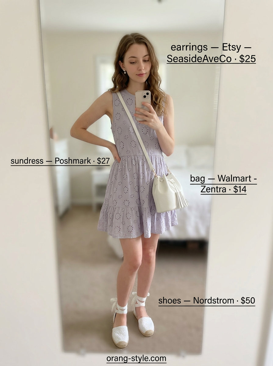 Dreamy Lakeside Retreat outfit: Lavender eyelet mini sundress, white espadrilles, pearl earrings. Casual summer sundresses 2026.