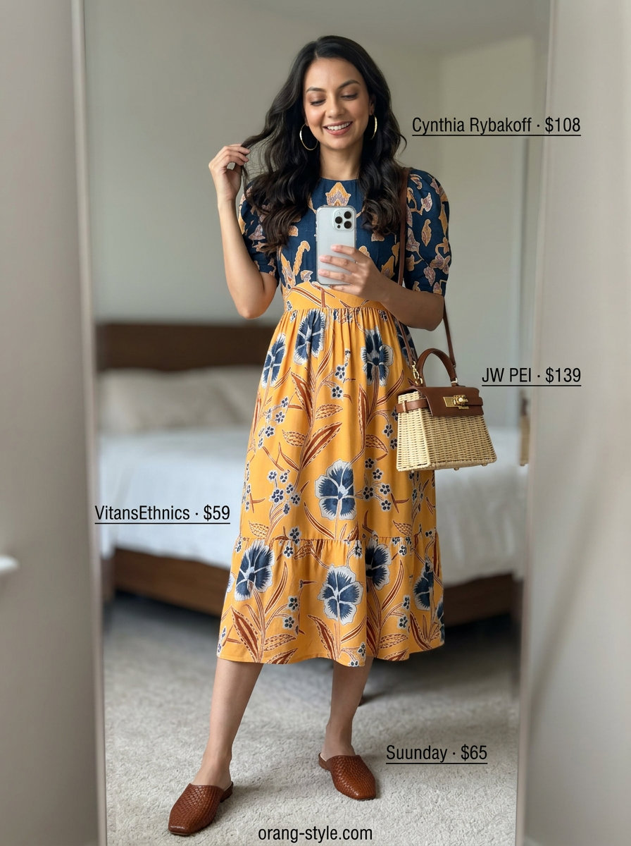 Mustard yellow abstract floral print midi sundress outfit for an art fair or brunch. Casual summer sundresses 2026.
