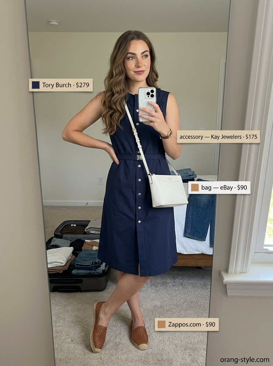 Navy blue poplin shirt sundress outfit for a weekend getaway or casual dinner. Casual summer sundresses 2026.