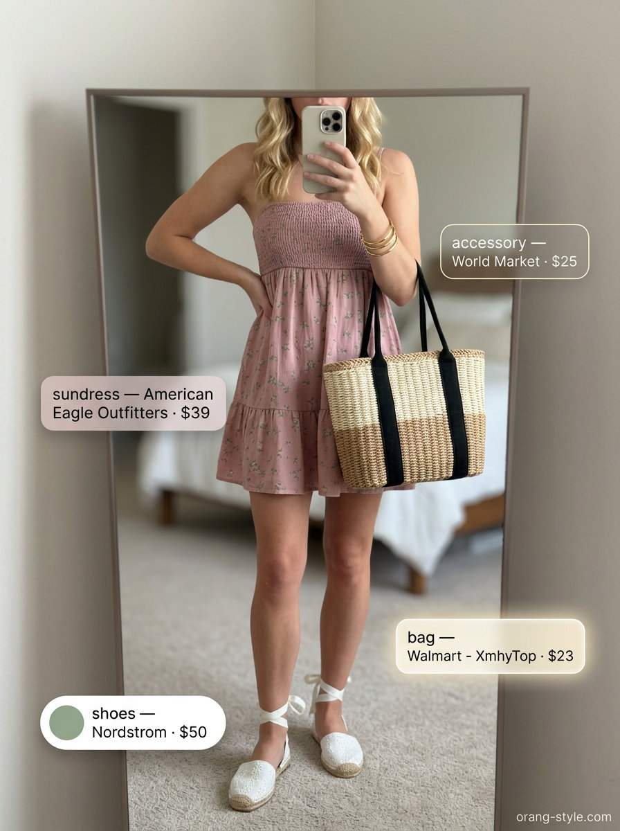 Soft pink floral mini babydoll sundress outfit for a garden party or baby shower. Casual summer sundresses 2026.