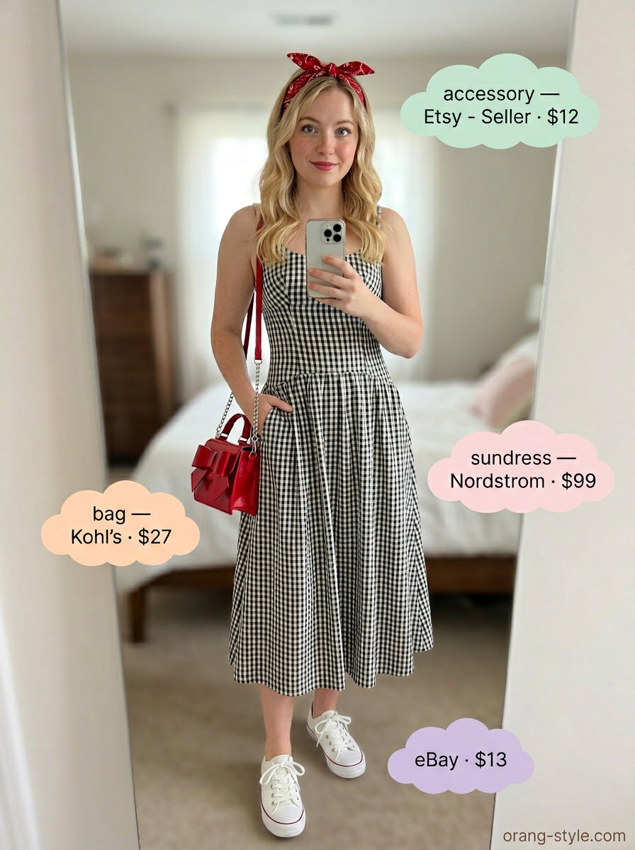 Retro Diner Date: Black & white gingham midi sundress, red bandana, structured red crossbody for casual summer sundresses 2026.