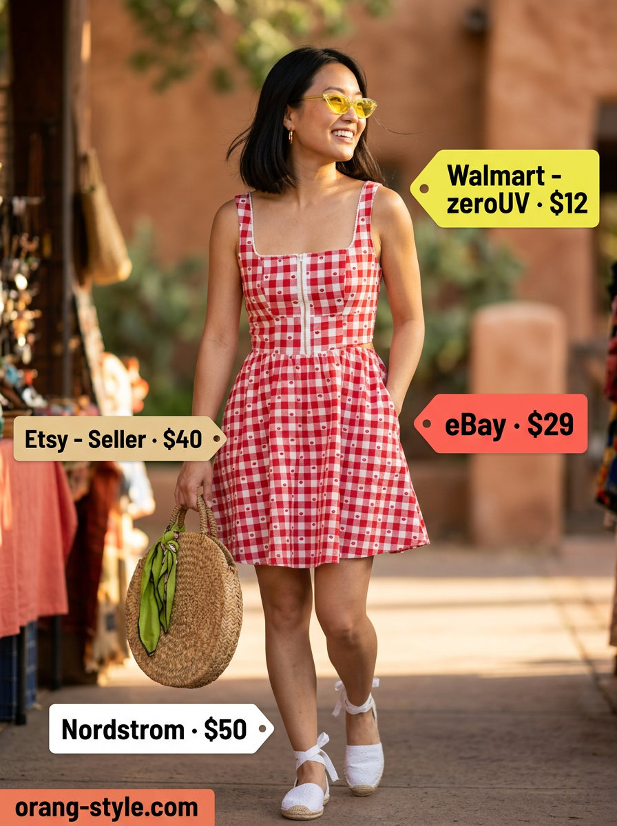 Retro Picnic Charm outfit: Red gingham sundress, straw basket bag, yellow sunglasses. Casual summer sundresses 2026.