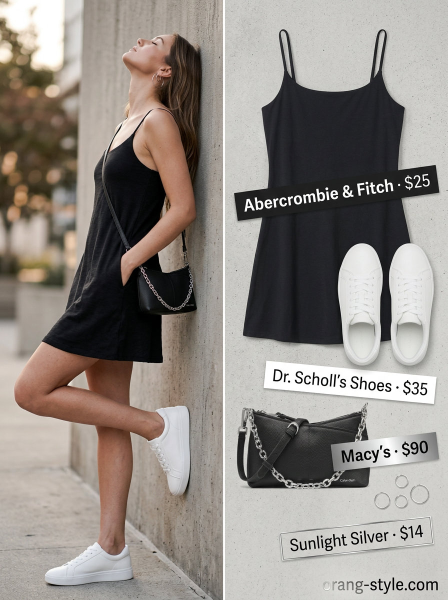 Urban Minimalist outfit: Black A-line mini sundress, white sneakers, silver hoops. Casual summer sundresses 2026.