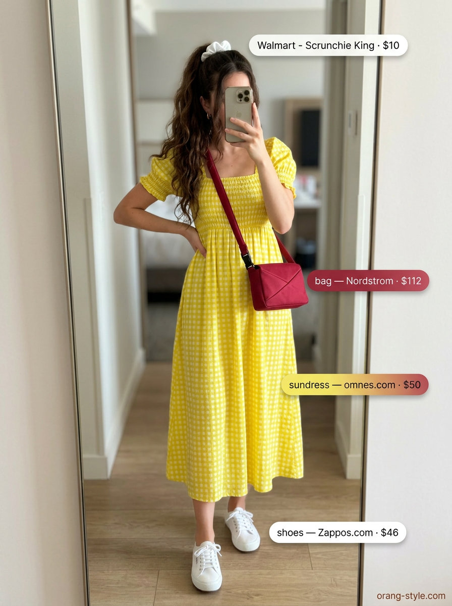 Yellow gingham sundress outfit for a picnic in the park or vintage market. Casual summer sundresses 2026.