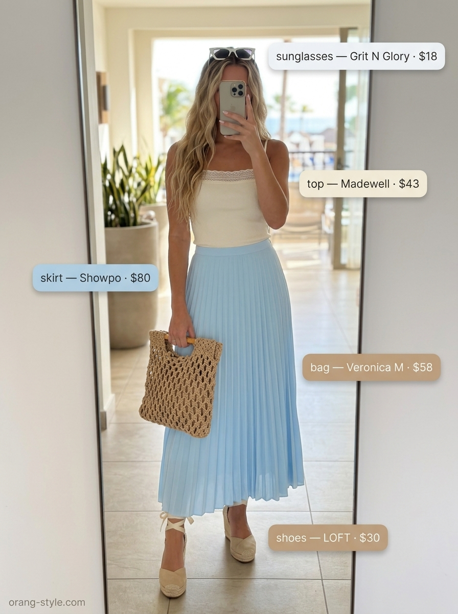 Chic summer vacation outfits for women 2026: Sky blue midi skirt with white top and espadrille wedges.