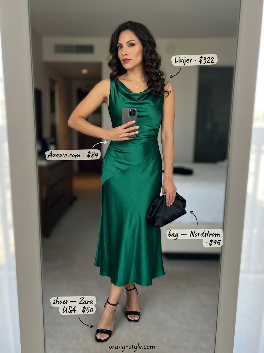 Chic summer vacation outfits for women 2026: Emerald green satin slip dress with strappy heels.